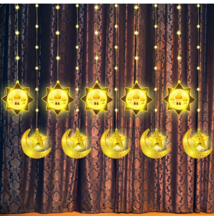 Photo 1 of 148 LED 10Ft Twinkle Star Moon Curtain Lights Ramadan Decorations Lights, 8 Modes Plug Powered Window Curtain Fairy String Lights, Christmas Wedding Party Ramadan Eid Decoration for Home, Warm White