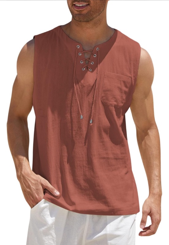 Photo 1 of COOFANDY Men's Cotton Linen Tank Top Shirts Casual Sleeveless Lace Up Beach Hippie Tops Bohemian Renaissance Pirate Tunic