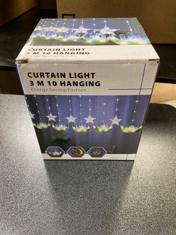 Photo 1 of 148 LED 10Ft Twinkle Star Moon Curtain Lights Ramadan Decorations Lights, 8 Modes Plug Powered Window Curtain Fairy String Lights, Christmas Wedding Party Ramadan Eid Decoration for Home, Warm White