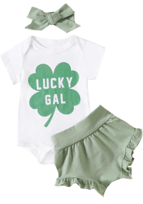 Photo 1 of Noubeau Baby Girl St. Patrick's Day Outfits Short Sleeve Lucky Gal Print Romper+Clover Ruffle Shorts Bloomers Summer Clothes