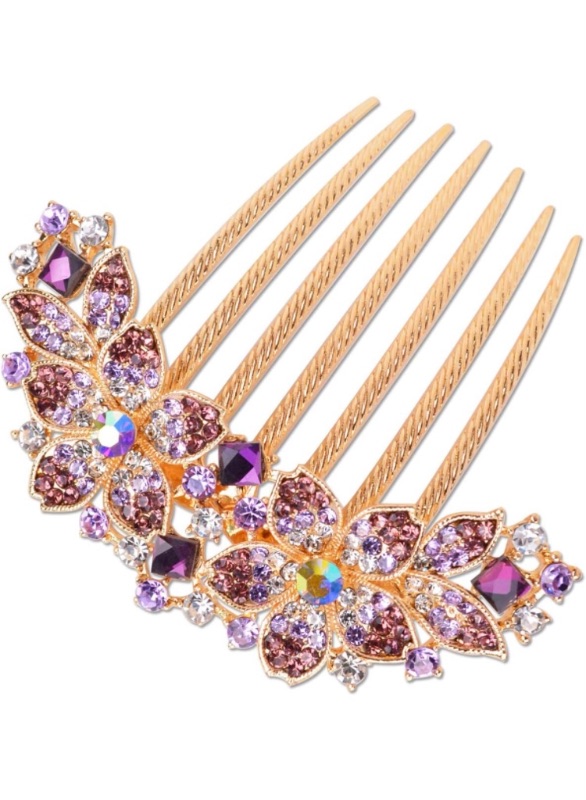 Photo 1 of Women Rhinestone Inlaid Flower Hair Comb Hairpin Barrette Accessory, Also Perfect Mother's Day Gifts for Mom (Purple