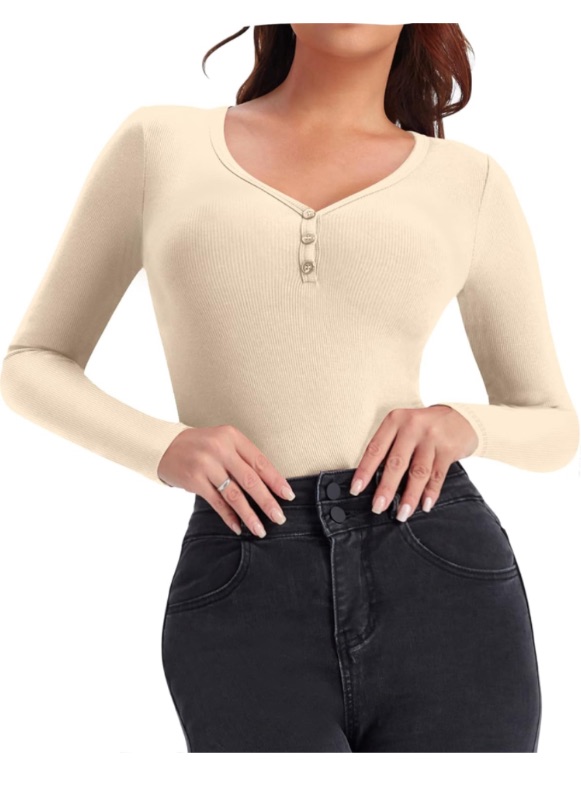 Photo 1 of HERLOLLYCHIPS Women's Long Sleeve Tops V Neck Fitted Ribbed Henley Button Shirts