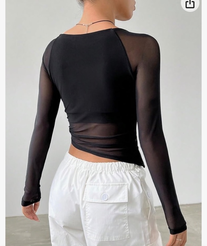 Photo 2 of  Women's Mesh Long Sleeve Sheer Crop Top Ruched Square Neck Hanky Hem T-Shirts Tops