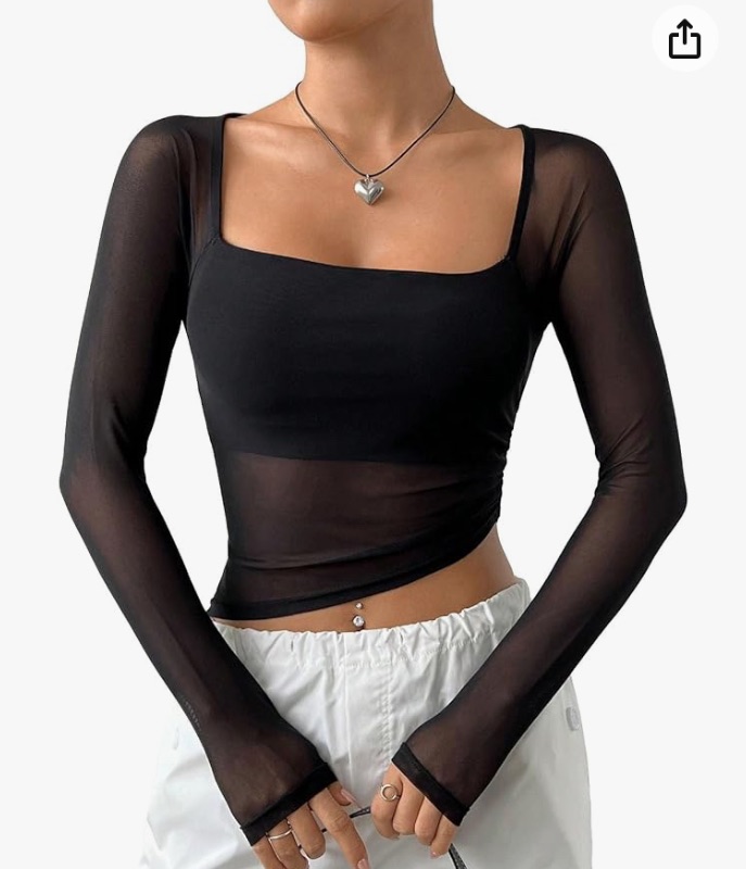 Photo 1 of  Women's Mesh Long Sleeve Sheer Crop Top Ruched Square Neck Hanky Hem T-Shirts Tops