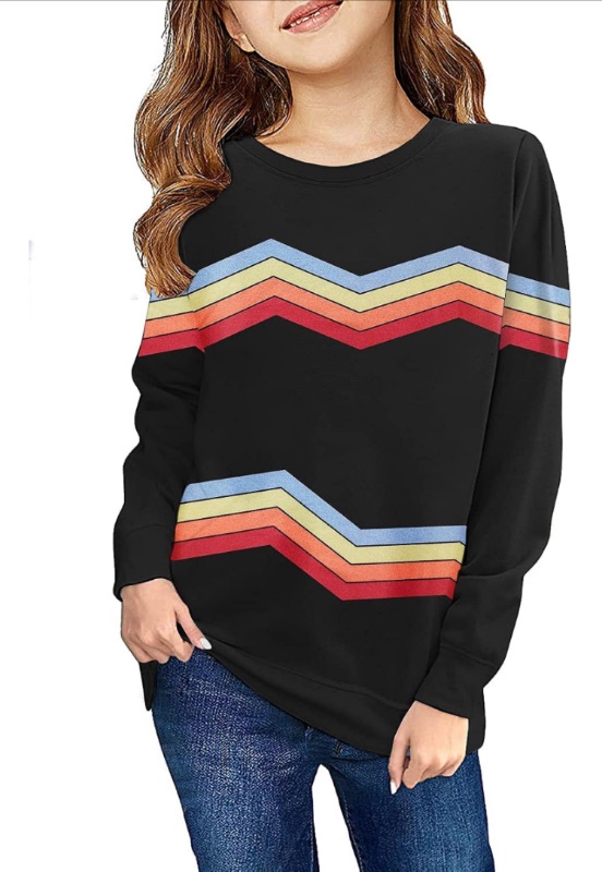 Photo 1 of Haloumoning Girls Striped Color Block Sweatshirts Kids Tie Dye Crewneck Long Sleeve Pullover Tops 4-13 Years