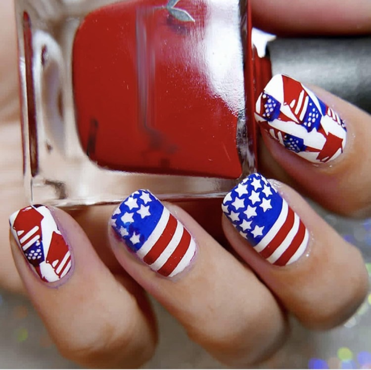 Photo 1 of 24Pcs Independence Day Press on Nails Medium, Patriotic French Fake Nails, Square Full Cover Nails Tips Red White Blue Fireworks Stars Acrylic False Nails with Nail Glues Nail Art Manicure Decoration for July 4th Nails, 3 pack