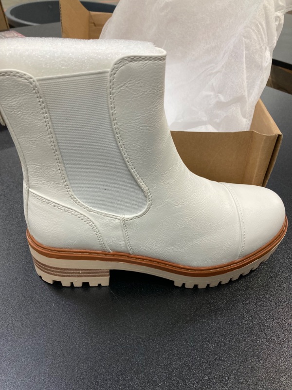 Photo 3 of Coutgo Women's Lug Sole Platform Chelsea Boots Chunky Stacked Heel Zipper Faux Leather Winter Ankle Booties 5.5 White