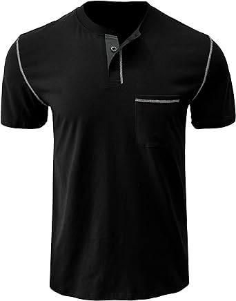 Photo 1 of Mens Fashion Henley Shirts Short Sleeve Button Cotton T-Shirt with Pocket, BLACK, LARGE