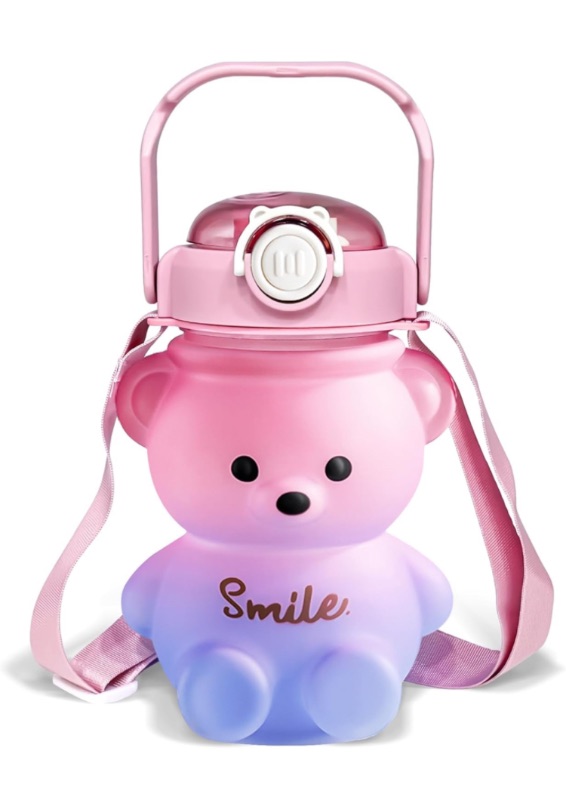 Photo 1 of Bear Water Bottle, 32oz Cute Water Bottles for Girls, Kids Water Bottle with Straw and Strap, Kawaii Teddy Bear Water Bottle, Cute Drinking Cups Leak-proof Water Bottles for School (Pink)