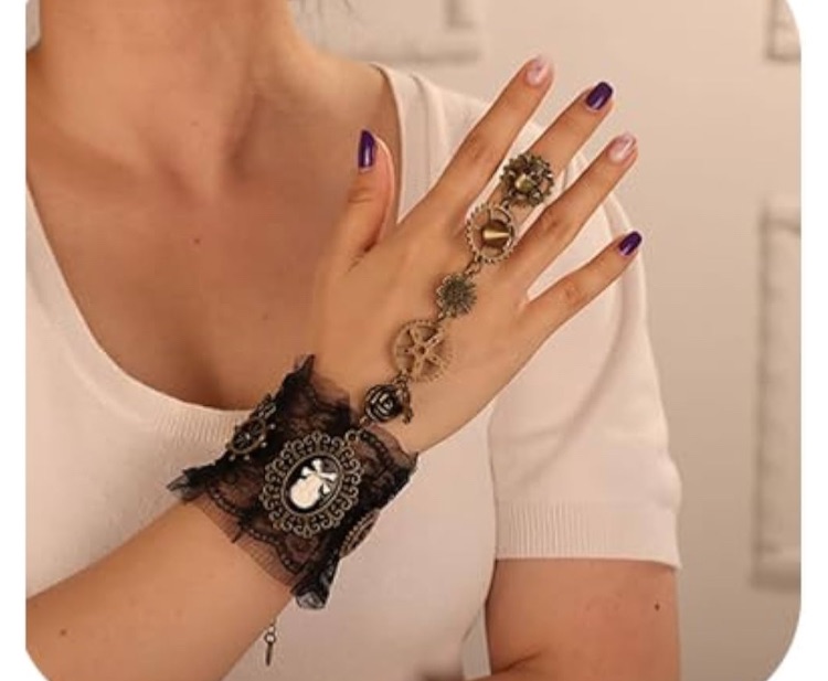 Photo 1 of Chargances Gothic Black and White Lace Bracelet with Finger Ring for Women Halloween Clock and Gear Bangle Bracelet 