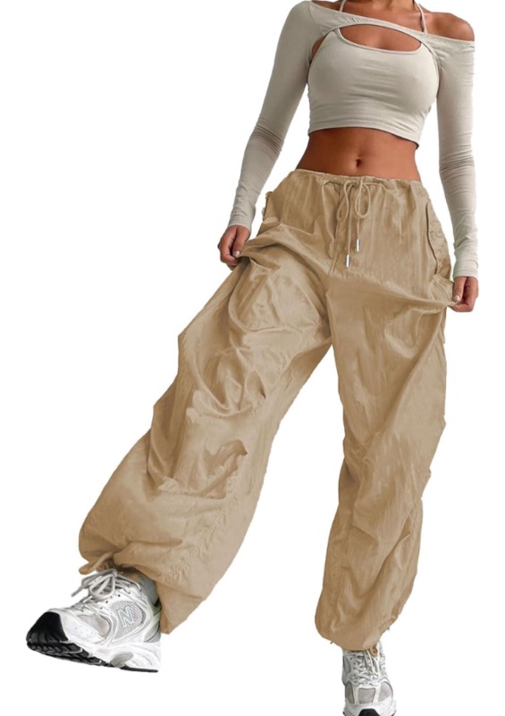 Photo 1 of  Women's Parachute Pants Drawstring Elastic Waist Sweatpants Loose Baggy Y2K Cargo Pants Trousers with Pockets