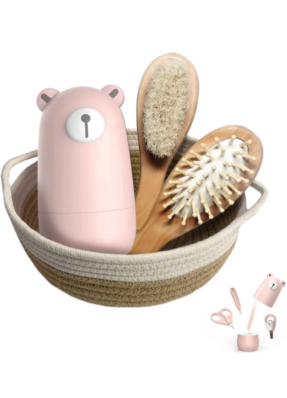 Photo 1 of Baby 7 in 1 Grooming Set, Nail Scissors, Nail File, Tweezers, Natural Wood Hair Comb, Storage Basket for Children and Newborns in Beautiful Gift Box