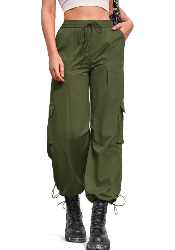 Photo 1 of Fisoew Baggy Cargo Pants for Women Drawstring Y2K Track Parachute Pant Casual High Waisted Trendy Streetwear with 4 Pockets SIZE LARGE