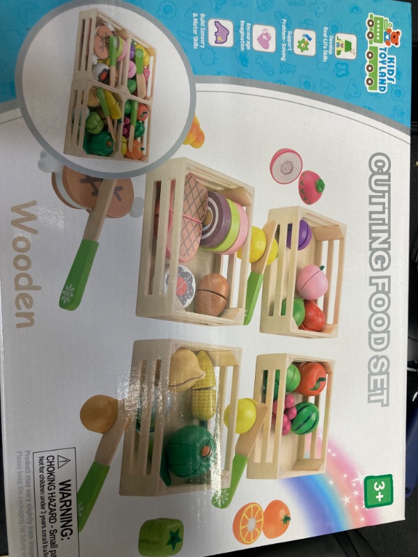 Photo 2 of 58Pcs Cutting Fruits Set Wooden Play Food, Kitchen Toys Vegetables Pretend Food Play for kids Educational Kitchen Toys