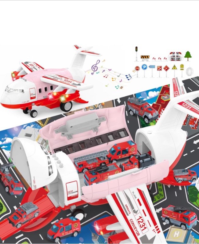 Photo 1 of  Airplane Toys for Toddlers 3 Year Old, Kids Toy Airplane Set with 6 Fire Truck Cars & Play Mat, Toy Plane with Smoke, Light & Sound, Toy Airplane for Kids Toddlers Girls Boys 4-7