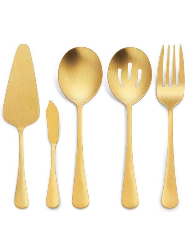 Photo 1 of ***BUNDLE PACK OF 2**** LIANYU 5-Piece Matte Gold Serving Utensils Set, Stainless Steel Serving Set Include Serving Spoon Fork, Flatware Serving Pieces for Buffet Catering, Satin Finish, Dishwasher Safe