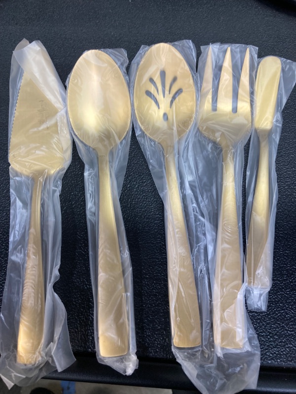 Photo 1 of ***BUNDLE PACK OF 2**** LIANYU 5-Piece Matte Gold Serving Utensils Set, Stainless Steel Serving Set Include Serving Spoon Fork, Flatware Serving Pieces for Buffet Catering, Satin Finish, Dishwasher Safe