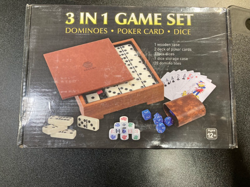 Photo 2 of 3in1 Dice Game Set, Dominoes, Playing Cards and Dices, Game Set for Family Nights(with Wooden Case)