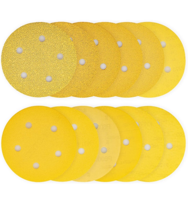 Photo 1 of ****BUNDLE PACK OF 2**** Premium 5" Gold Hook and Loop Velcro Dustless Sanding Discs, Assorted 40-1200 Grits, 4 Each 48 Pcs Total, for Random Orbit Sander, Automotive Paint Remove, Woodwork, Metalwork, 5 Holes