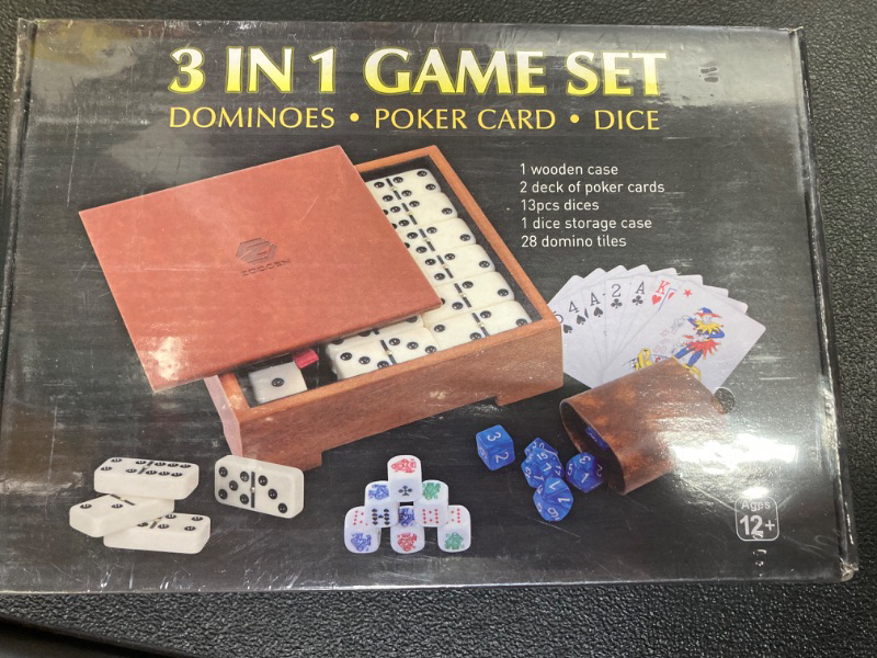 Photo 2 of 3in1 Dice Game Set, Dominoes, Playing Cards and Dices, Game Set for Family Nights(with Wooden Case)