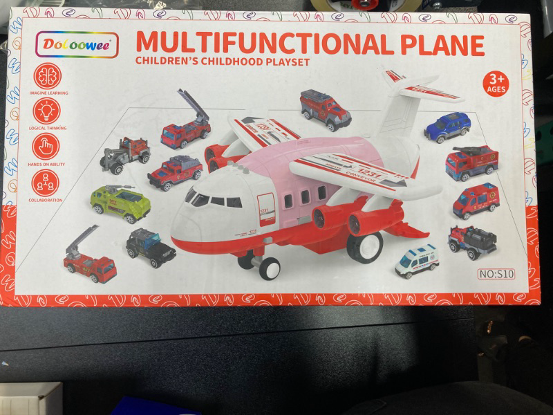 Photo 2 of Doloowee Airplane Toys for 3+ Year Old - Transport Cargo Airplane Car Toy Play Set - 12PCS Construction Cars Toy Airplane for Boys Age 4-7, Toys Plane with Lights and Sounds Red