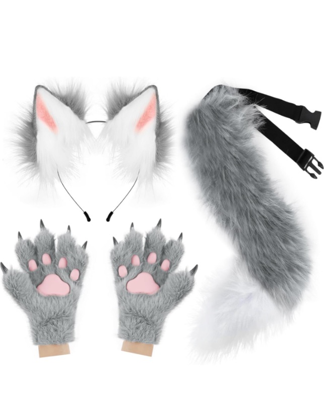 Photo 1 of COSYEARS Fox Wolf Ears Headband Furry Tail Plush Cat Paw Mittens Gloves Set Halloween Party Cosplay Costume Accessories