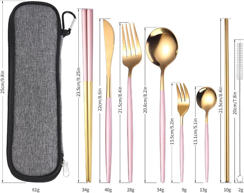 Photo 1 of ****BUNDLE PACK OF 2**** AARAINBOW 8 Pieces Stainless Steel Flatware Set Portable Reusable Cutlery Set Travel Utensils Set Including Chopsticks Knife Fork Spoon Straws Cleaning Brush Dishwasher Safe (8 Pink Golden)