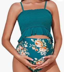 Photo 1 of ***SEE NOTES***  Summer Mae Maternity Bikini Swimsuits High Waist Bathing Suit Ruffle Hem Two Piece Pregnancy Swimwear Beige Evergreen Medium