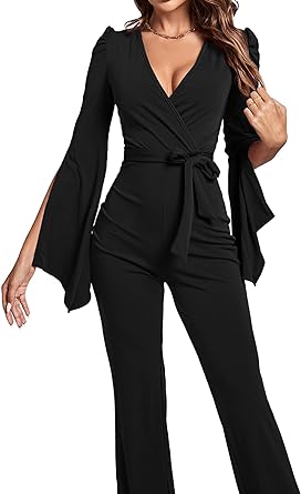 Photo 1 of LYANER Women's Split Long Sleeve Wrap Deep V Neck Tie Waist Jumpsuit Long Pants Romper X-Large