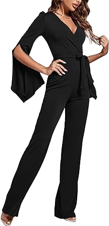 Photo 1 of LYANER Women's Split Long Sleeve Wrap Deep V Neck Tie Waist Jumpsuit Long Pants Romper X-Large