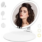 Photo 1 of Travel Makeup Mirror with Lights, 8" Foldable Compact Make Up Mirror, 180° Angle Adjustable, 3 Color Lighting & Steplessly Dimmable, Rechargeable Light Up Tabletop Cosmetic Vanity Mirror Round