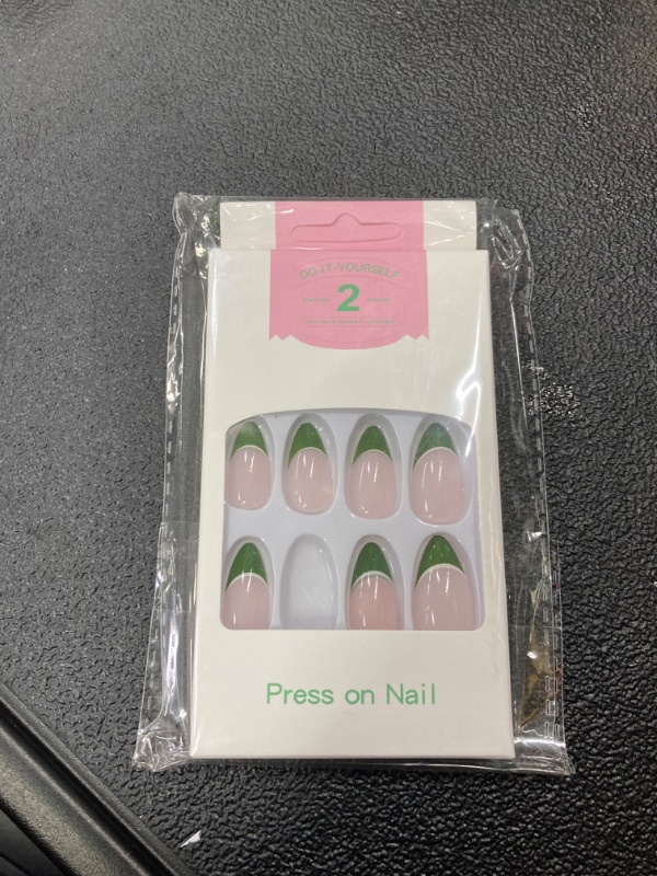 Photo 2 of Glossy Almond Press on Nails Short Green French Fake Nails Tips Designed Oval Cute Full Cover Artificial False Nails Sets for Women and Girls 24Pcs (Style A)