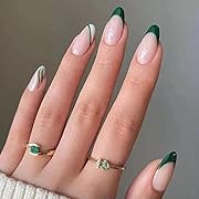 Photo 1 of Glossy Almond Press on Nails Short Green French Fake Nails Tips Designed Oval Cute Full Cover Artificial False Nails Sets for Women and Girls 24Pcs (Style A)