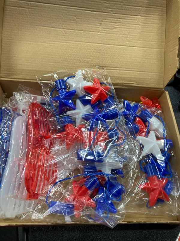 Photo 2 of 17Pcs 4th of July Light up Accessories, Patriotic Party Favors Red White and Blue Light Up Necklaces Glow Rings LED Glasses Mini USA Flags for Fourth of July Memorial Day Decorations 4th of July Party