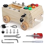 Photo 1 of Wooden Truck Montessori Busy Board for Toddlers, Fine Preschool Motor Skills Learning Toy Tool Set with Screwdriver, Lights, Switches, Key, Button, Sensory Educational Montessori Wooden Car for Kids