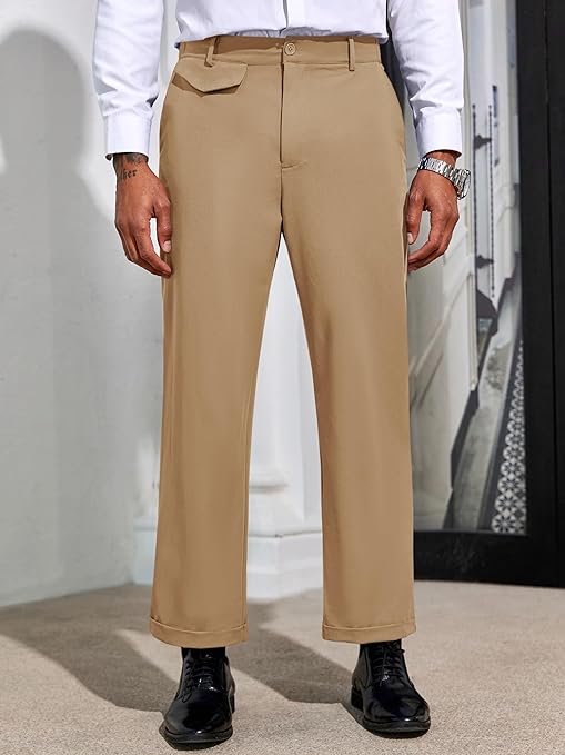 Photo 1 of PASLTER Mens Chino Pants Flat Front Slim Fit Cropped Dress Pants Casual Slacks