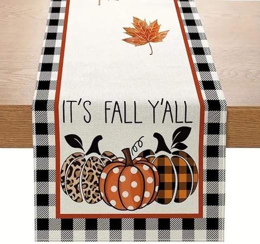 Photo 1 of Beriflai Fall Pumpkin Table Runner, Thanksgiving Kitchen Dining Table Runner Seasonal Autumn Dining Table Decoration for Indoor Outdoor Home Party Decor (Black Plaid & Leaf, Table Runner-12x90 Inches)