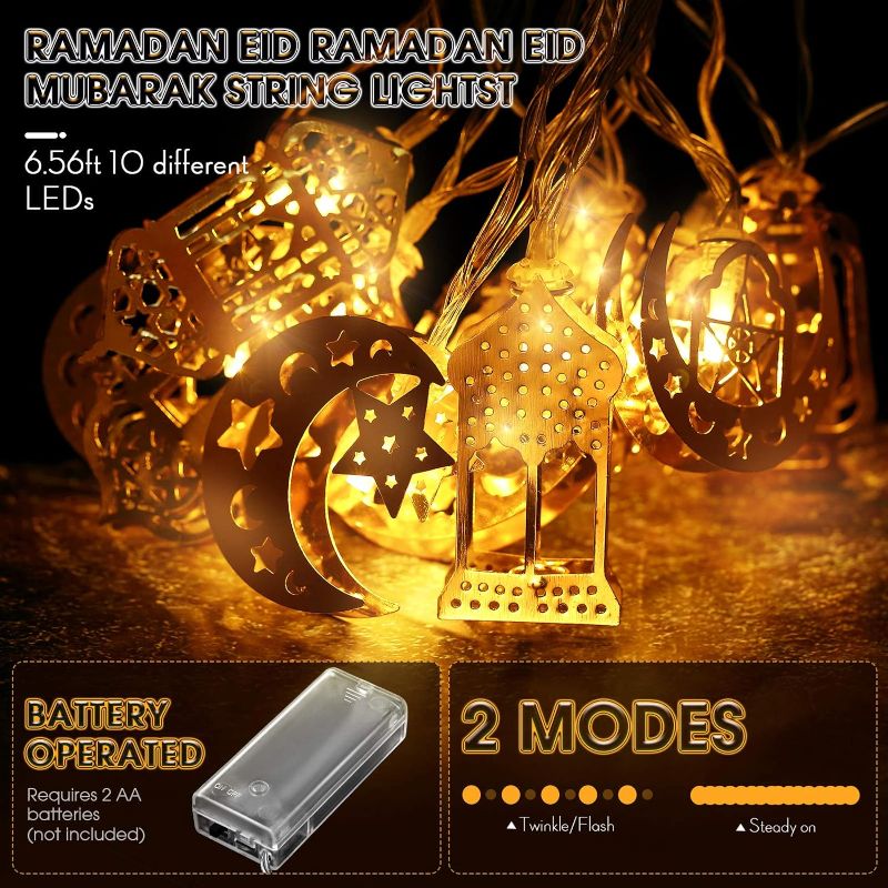 Photo 1 of Eid Al Adha Decorations String Lights, Eid Moon Star Kerosene Lantern Lamp, Battery Operated for Ramadan Outdoor Home Decoration Party Supplies (2 Pack,6.56 Feet 10 LEDs)