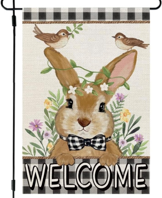 Photo 1 of CROWNED BEAUTY Easter Bunny Garden Flag Floral 12x18 Inch Double Sided for Outside Burlap Small Buffalo Plaid Welcome Yard Holiday Flag 3 pcs 