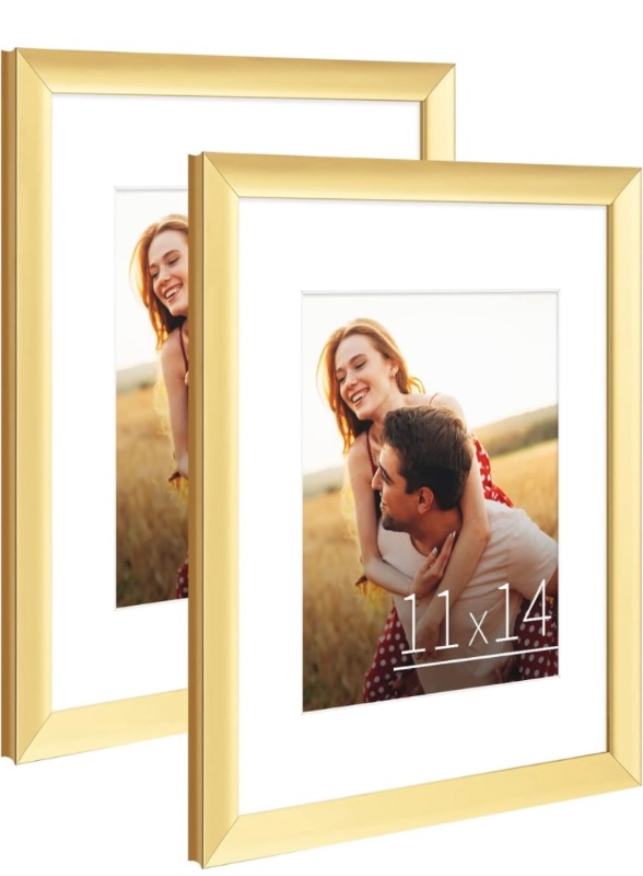 Photo 1 of 11 x 14 Picture Frame Set of 2 with High Definition Plexiglass, 11x14 Picture Frame with mat for 8x10 for Wall Mounting, Gold