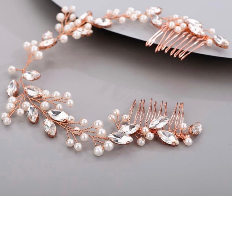 Photo 1 of Chargances Bridal Pearl Crystal Hair Vine Comb Wedding Long Headband Hair Comb Fashion Rose Gold Handmade Headpiece Bridal Hair Accessories for Wedding Prom Flower Girl (Rose Gold)