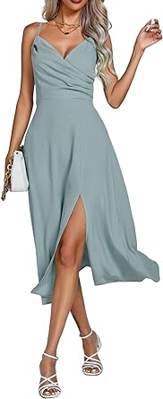 Photo 1 of X-Small Vrtige Women's Strapy Wrap V Neck Ruched High Waist Sleeveless Split Hem Midi Dress
