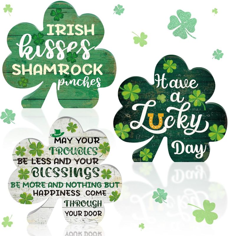 Photo 1 of  Anglechic 3 Pcs St. Patrick's Day Wooden Signs Blessing Words Wood Signs Lucky Shamrock Wooden Signs Rustic 6.3 x 6.3 Inch Wood Signs Clover Tabletop Windowsill Centerpieces for Irish Holiday Decor
