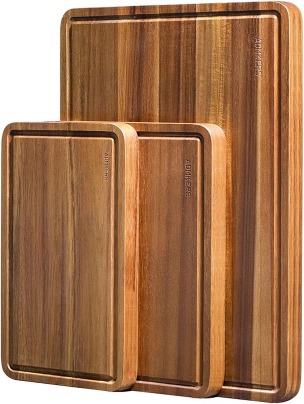 Photo 1 of Wood Cutting Boards Set of 3 for Kitchen, Thick Chopping Board, Large Wooden Cutting Board Set with Deep Juice Groove and Handles, Wooden trays for meat, fruit and cheese (17x12, 12x10, 12x7 inch)