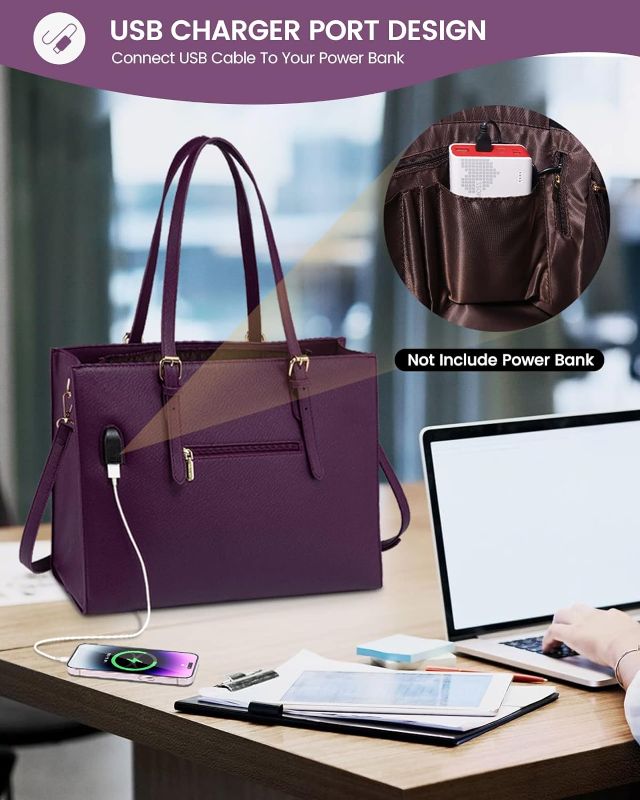 Photo 2 of LOVEVOOK 15.6 Inch Laptop Bag for women, Large Waterproof PU Leather Work Briefcase with USB Charging Port Casual Computer Shoulder Messenger Fashion Business Office Tote Handbag Purse, Purple