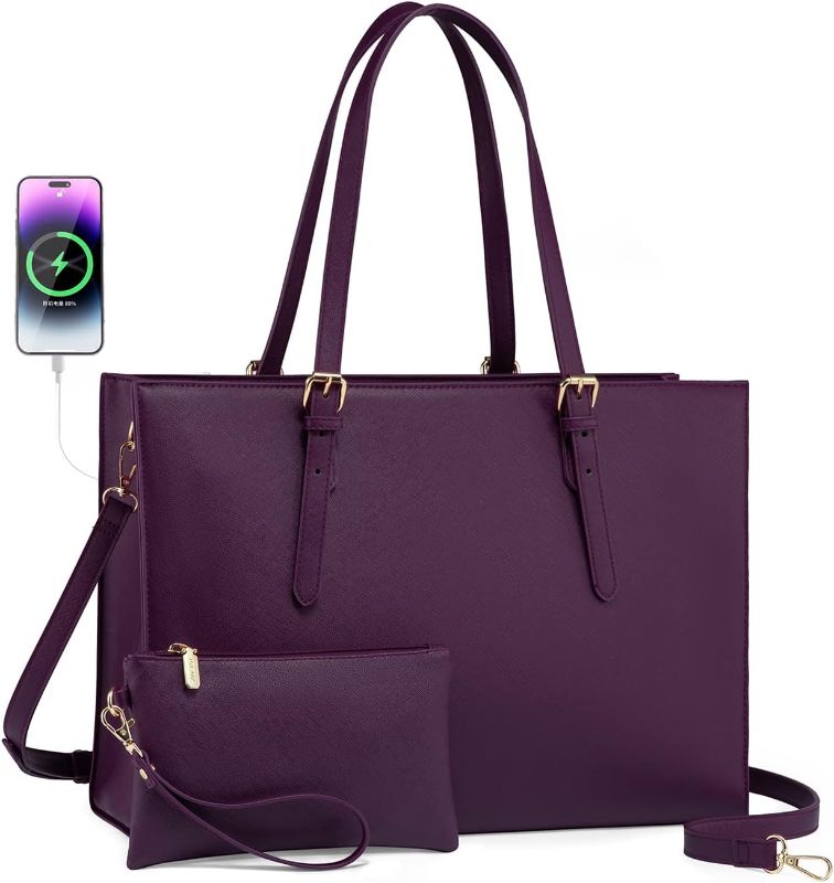 Photo 1 of LOVEVOOK 15.6 Inch Laptop Bag for women, Large Waterproof PU Leather Work Briefcase with USB Charging Port Casual Computer Shoulder Messenger Fashion Business Office Tote Handbag Purse, Purple