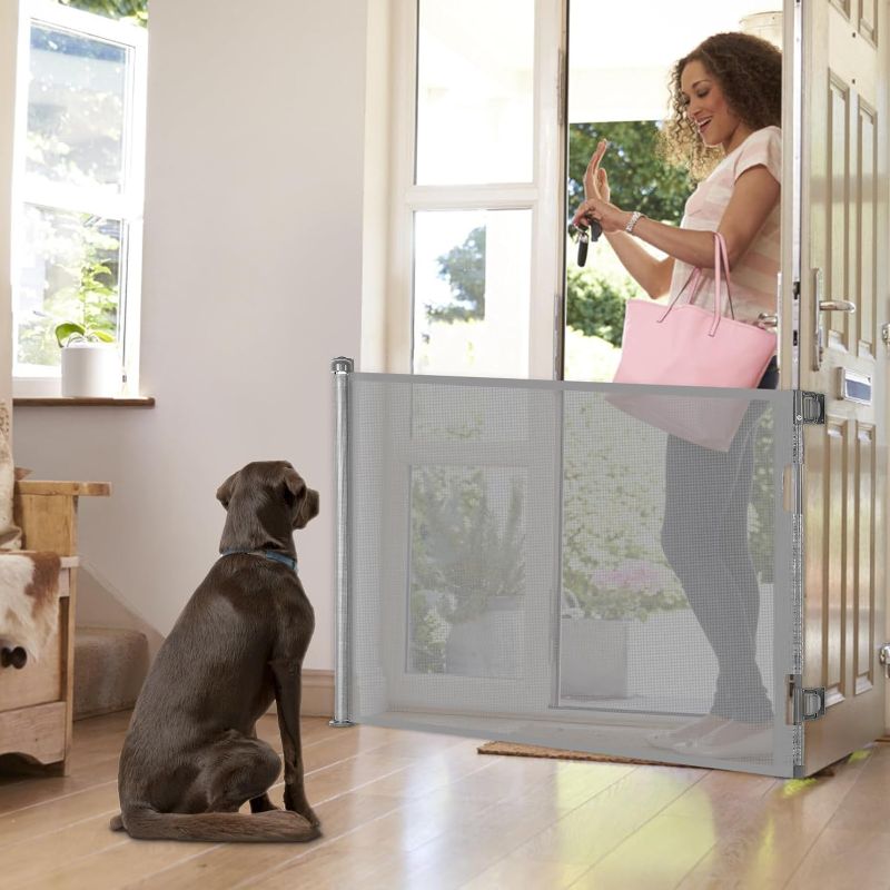 Photo 1 of Retractable Baby Gate, Extra Wide Safety Kids or Pets Gate, 33” Tall, Extends to 71” Wide, Mesh Safety Dog Gate for Stairs, Indoor, Outdoor, Doorways, Hallways(33”x71”- Grey)