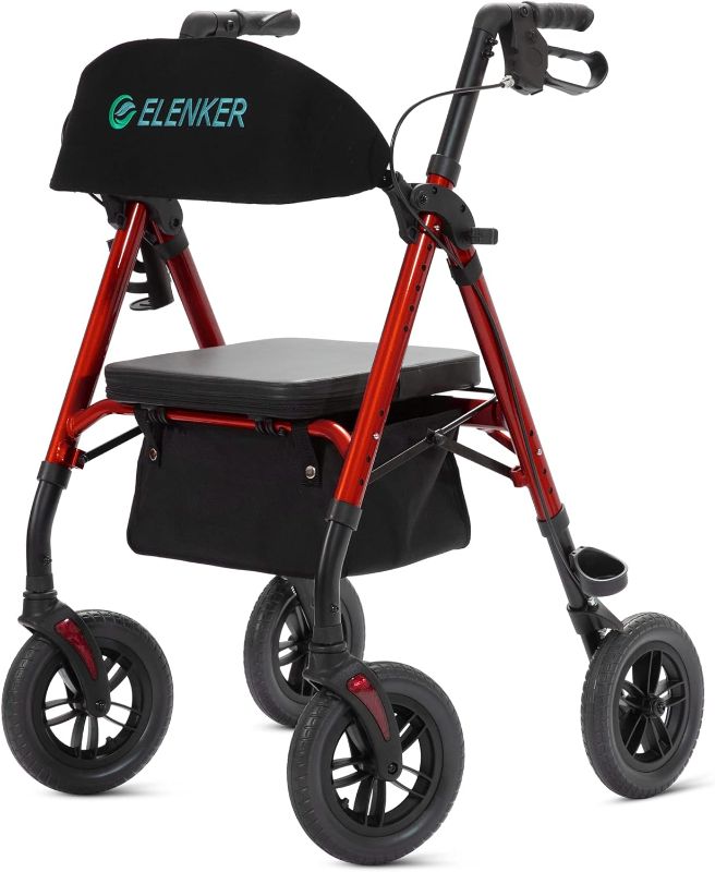 Photo 1 of ELENKER All-Terrain Rollator Walker with 10” Non-Pneumatic Wheels, Sponge Padded Seat and Backrest, Fully Adjustment Frame for Seniors, Red