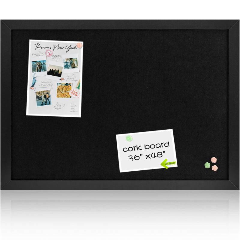 Photo 1 of Board2by Black Cork Board Bulletin Board with Linen, Wood Framed 48" x 36" Corkboard, Office Board for Wall Decor, Wall Mounted Pin Board Picture Board with 20 Pushpins for School, Home & Office Black 36" x 48"