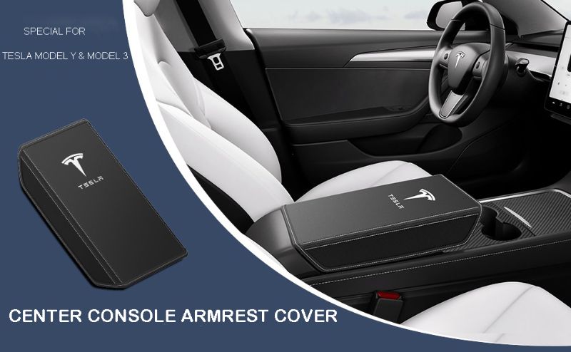 Photo 1 of Areeyils Car Armrest Cover Compatible with Tesla Model 3 Model Y 2017-2023 2024,PU Leather Center Console Protector Pad Automobile Waterproof Armrest Box Mat for Tesla Accessories 2023 2024(Black)